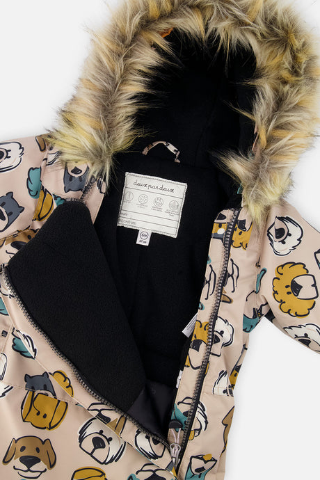 Deux par Deux baby boys' car-seat snowsuit, beige dog print, additional angle
