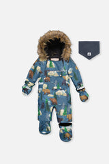 Baby One Piece Snowsuit Adapted For Car Seats Blue Bear Print-0