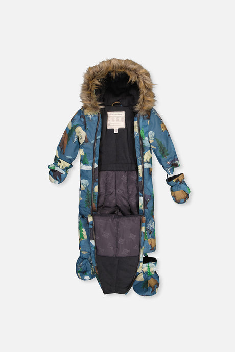 Blue bear-print car seat snowsuit unzipped to show the fleece lining, with booties and mittens attached