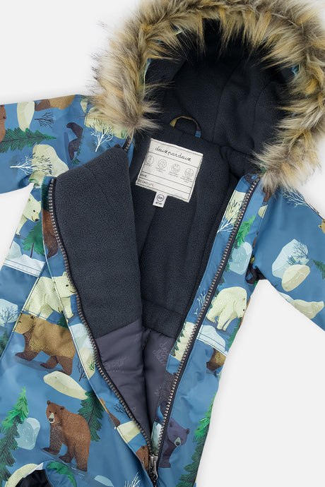 Close-up of the fleece-lined hood, faux-fur trim and inside label on the blue bear snowsuit