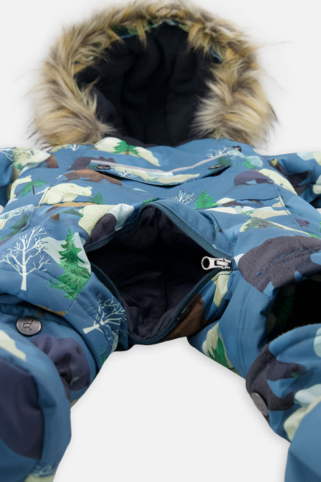 Close-up of the crotch zipper opening on the blue bear-print car seat snowsuit