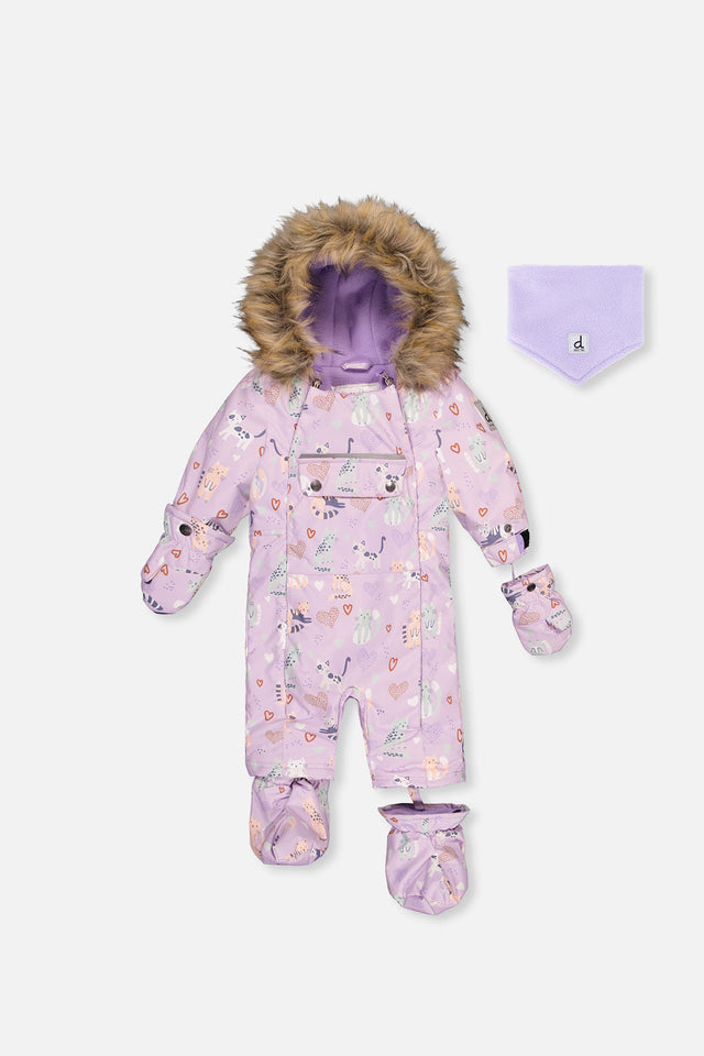 Baby One Piece Snowsuit Adapted For Car Seats Purple Cat Print-0