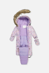 Purple cat print baby snowsuit unzipped to show the fleece lining