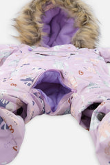 Crotch zipper opened for the car seat buckle on the purple cat print baby snowsuit