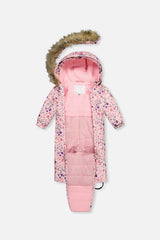 Pink mini flower print baby snowsuit unzipped to show the fleece lining