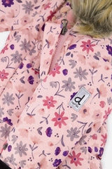 Close-up of the pink mini flower print fabric with front zipper and Deux par Deux logo