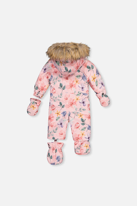 Back of the pink floral print baby one-piece snowsuit with hood, mittens and booties