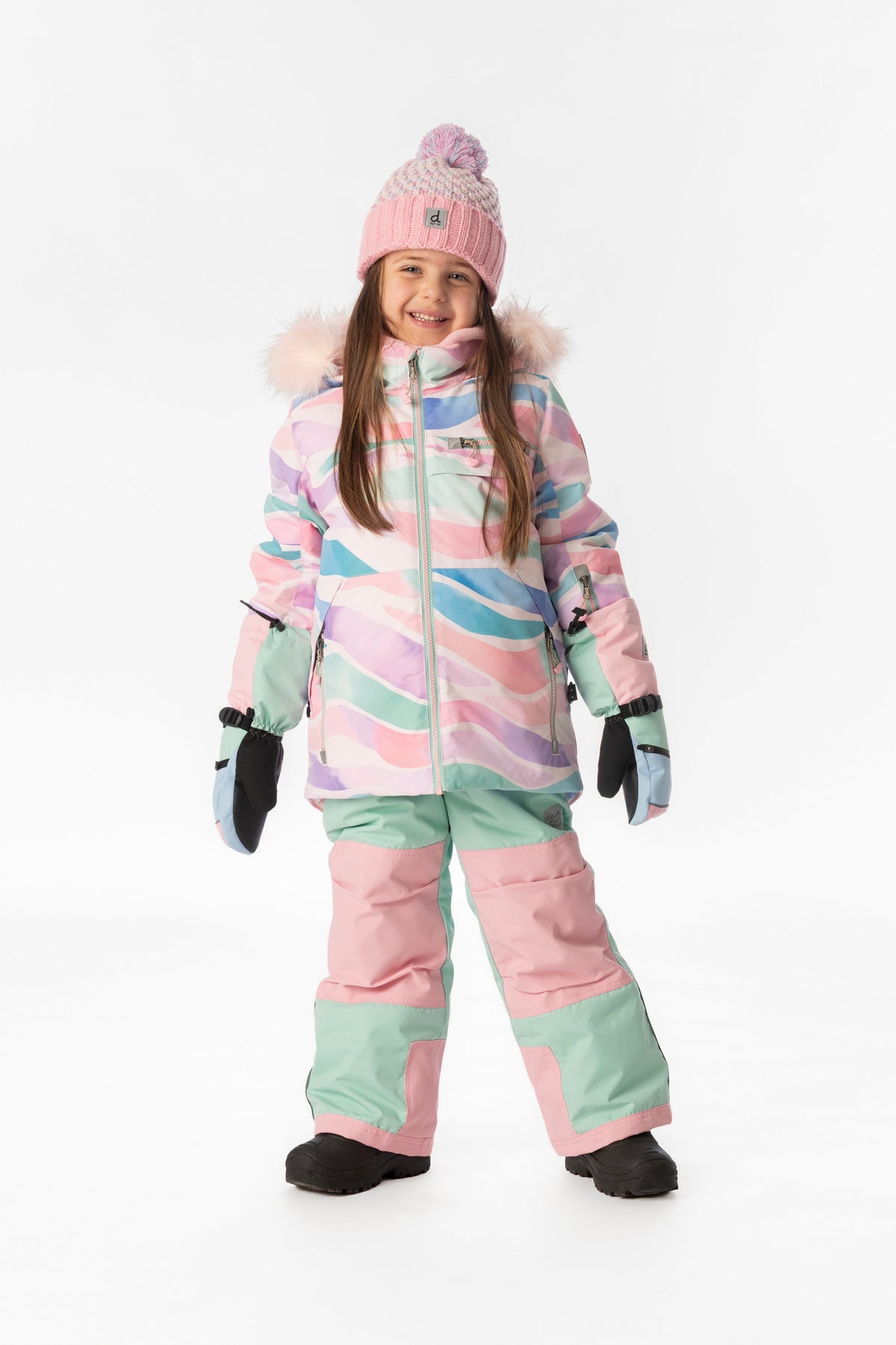 Child wearing the multicolor line print Deux par Deux PLAY snowsuit, full-length front view