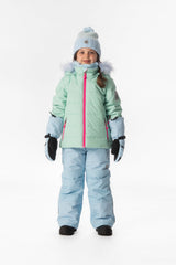 Girl standing in the mint green and light blue Deux par Deux PLAY snowsuit, full-length front view