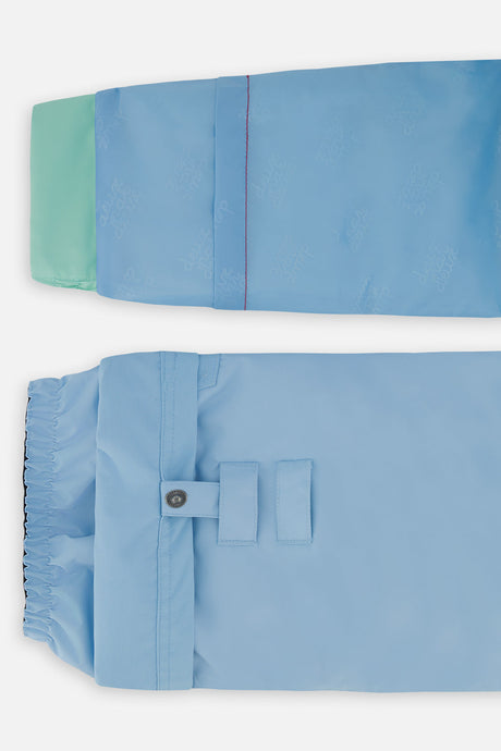 Deux par Deux girls PLAY snowsuit, mint green and light blue – sleeve and pant hem extensions for growing room