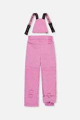 Deux par Deux girls PLAY snowsuit, pinkish violet and pink – pinkish violet snow pants, back view with suspenders off