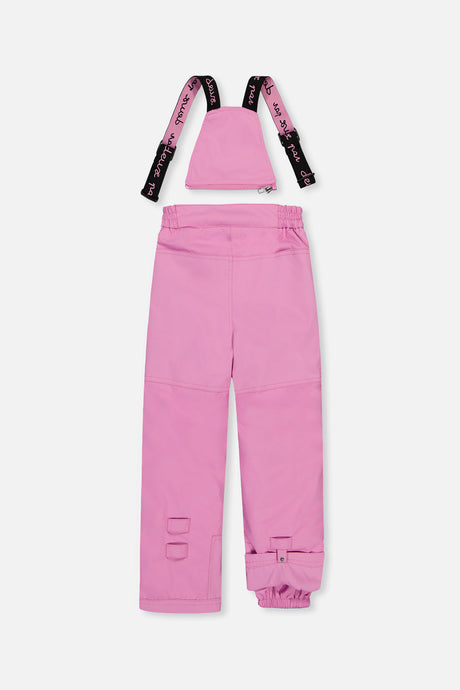 Deux par Deux girls PLAY snowsuit, pinkish violet and pink – pinkish violet snow pants, back view with suspenders off
