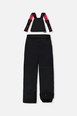 Deux par Deux girls PLAY snowsuit, coral, bright pink and black – black snow pants, back view with suspenders off