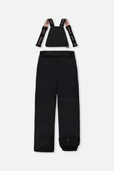 Deux par Deux girls PLAY snowsuit, black with leopard faux fur – black snow pants, back view with suspenders off