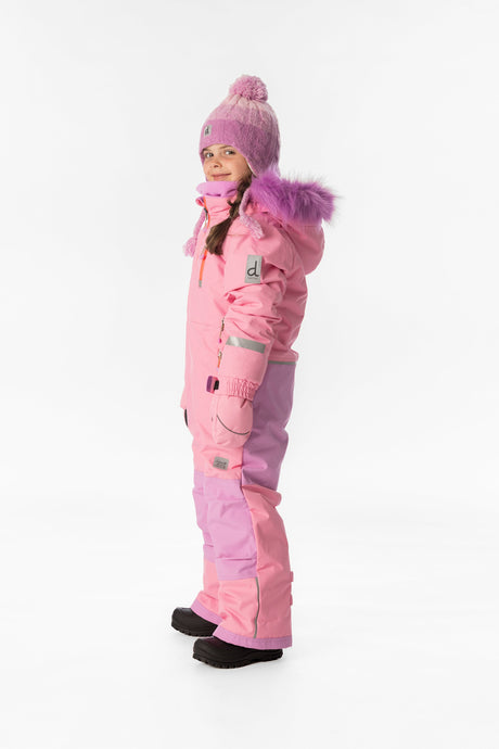 Deux par Deux girls' PLAY one-piece snowsuit in pink – worn by a model, view 2