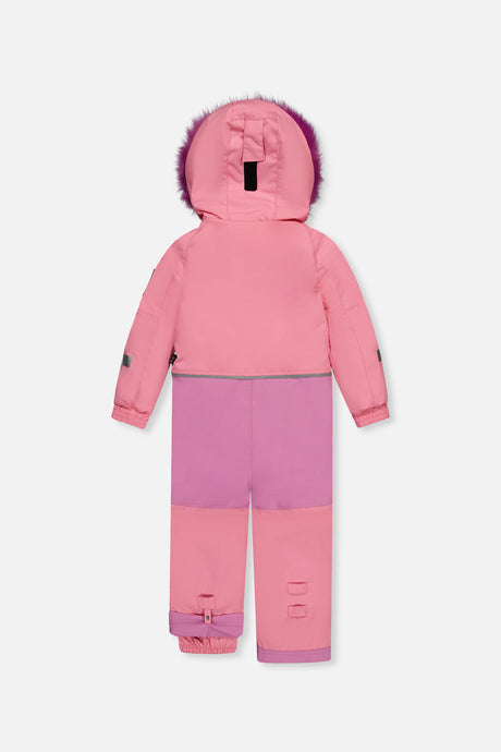 Deux par Deux girls' PLAY one-piece snowsuit in pink – back view