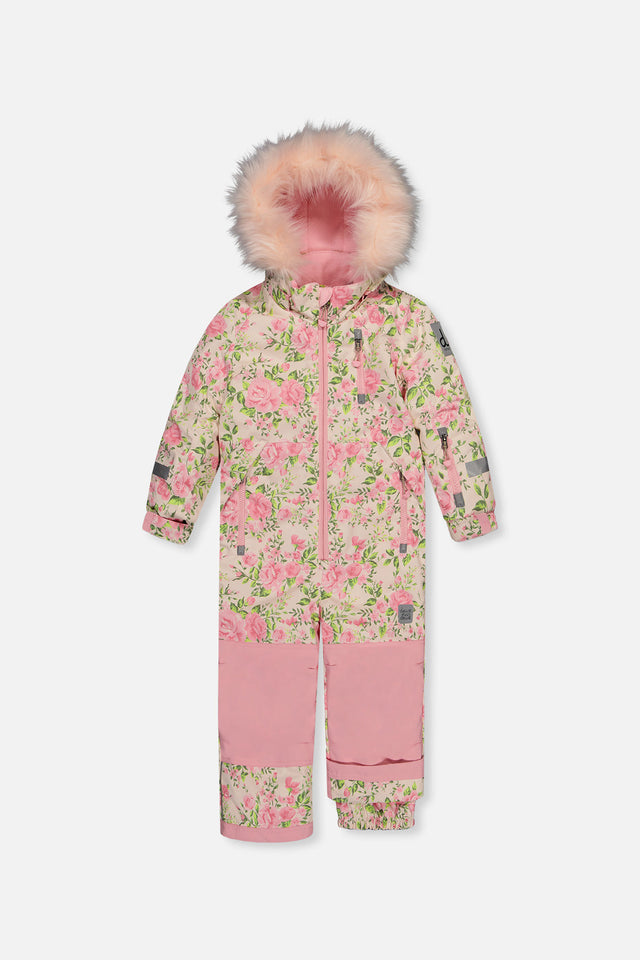 Kids One Piece Play Snowsuit Beige Vintage Rose Print-0