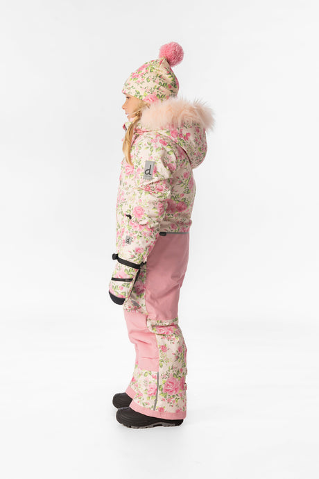 Deux par Deux girls' PLAY one-piece snowsuit in beige vintage rose print – worn by a model, view 2