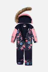 Deux par Deux girls' PLAY one-piece snowsuit, navy floral print, alternate view