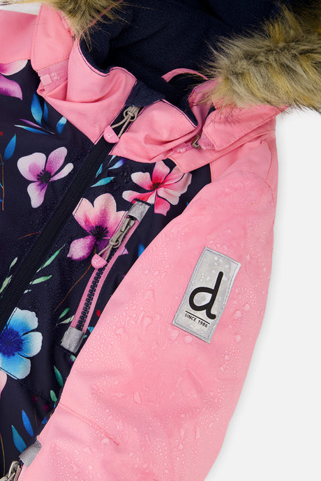Deux par Deux girls' PLAY one-piece snowsuit, navy floral print, additional angle
