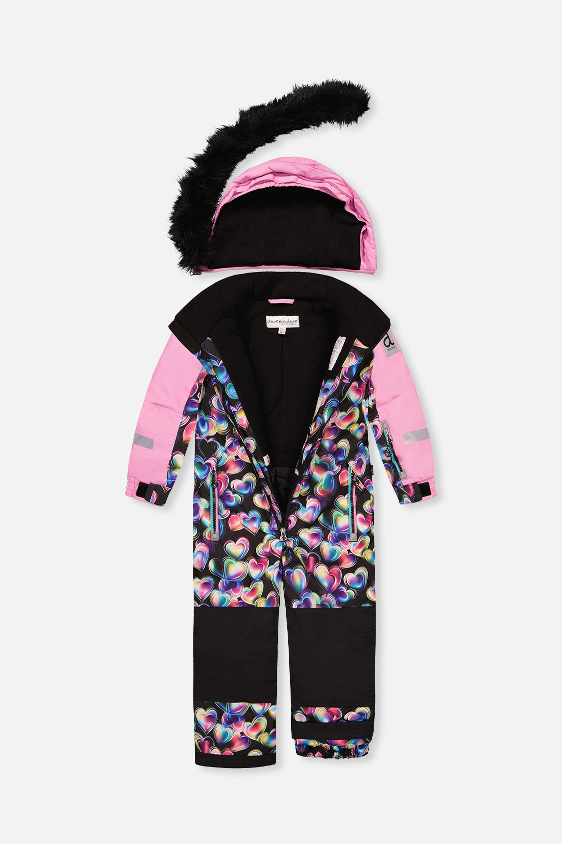 Deux par Deux girls' PLAY one-piece snowsuit, black heart print, alternate view