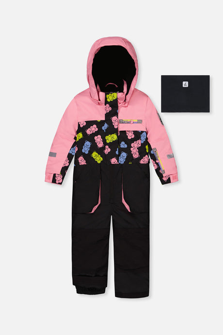 Kids One Piece Play Snowsuit Pink And Black Gummy Bear Print-0