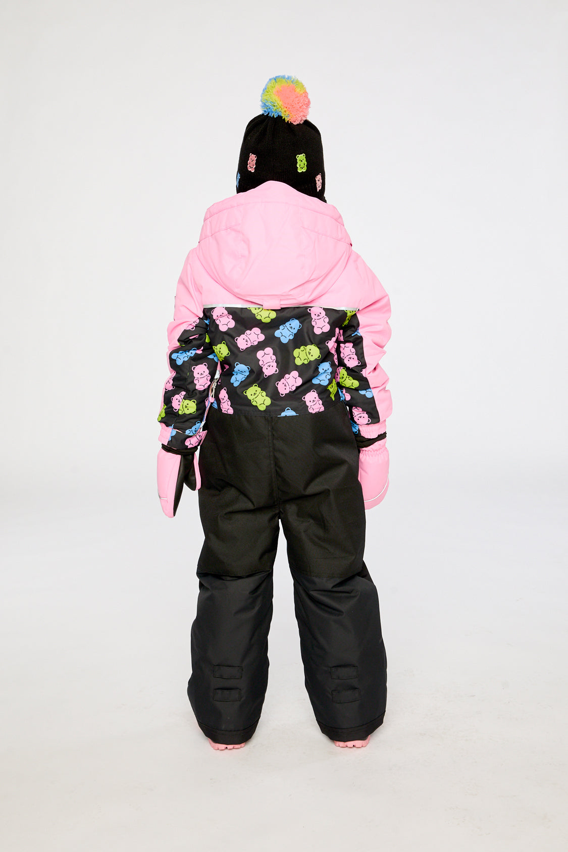 Kids One Piece Play Snowsuit Pink And Black Gummy Bear Print-3