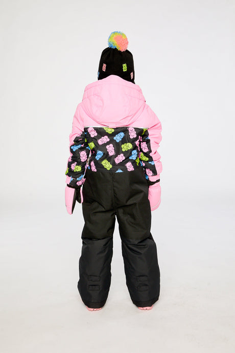 Kids One Piece Play Snowsuit Pink And Black Gummy Bear Print-3
