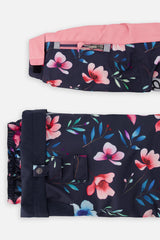 Deux par Deux girls' PLAY snowsuit, pink colorblock and floral print, alternate studio shot
