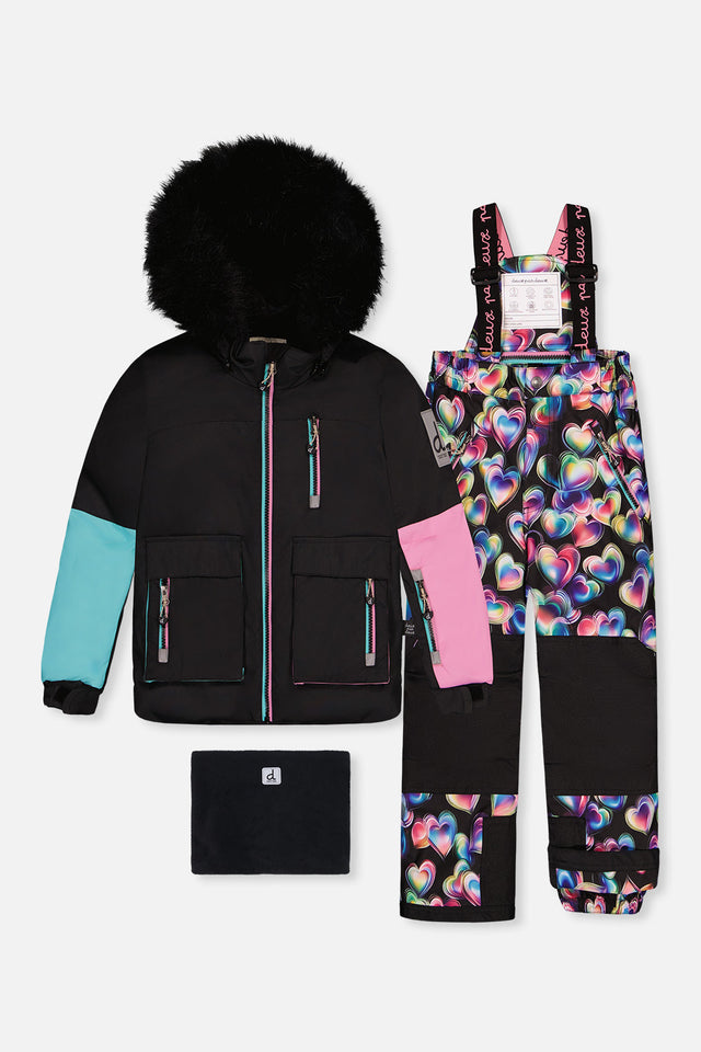 Two Piece Play Snowsuit Black, Blue And Pink Colorblock With Heart Print Pants-0