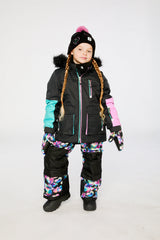 Two Piece Play Snowsuit Black, Blue And Pink Colorblock With Heart Print Pants-3