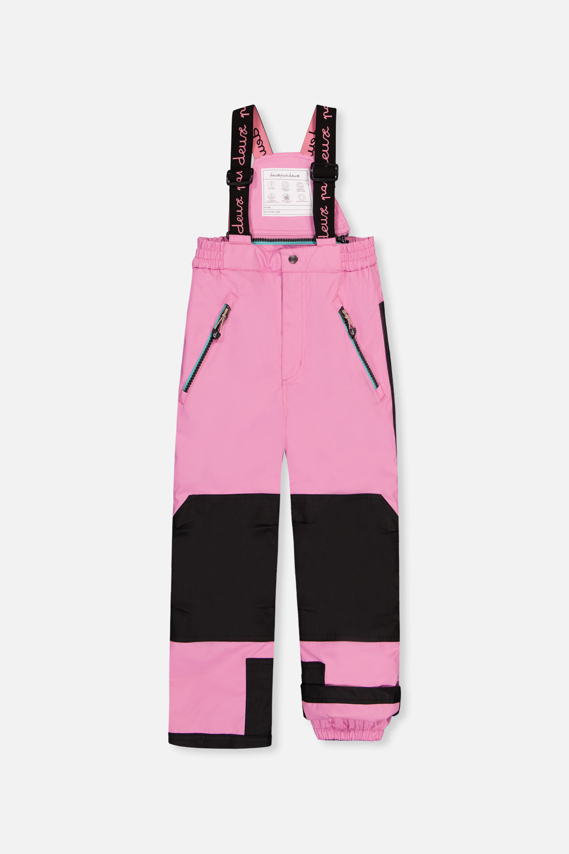 Deux par Deux pink PLAY bib snow pants with suspenders and black reinforced knees, front view