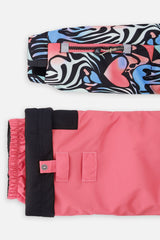 Deux par Deux girls' PLAY snowsuit, black zebra-print jacket with pink pants, alternate studio shot
