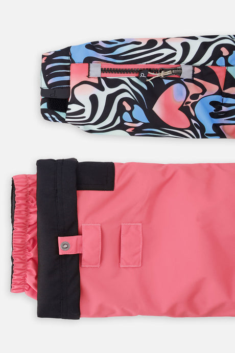 Deux par Deux girls' PLAY snowsuit, black zebra-print jacket with pink pants, alternate studio shot