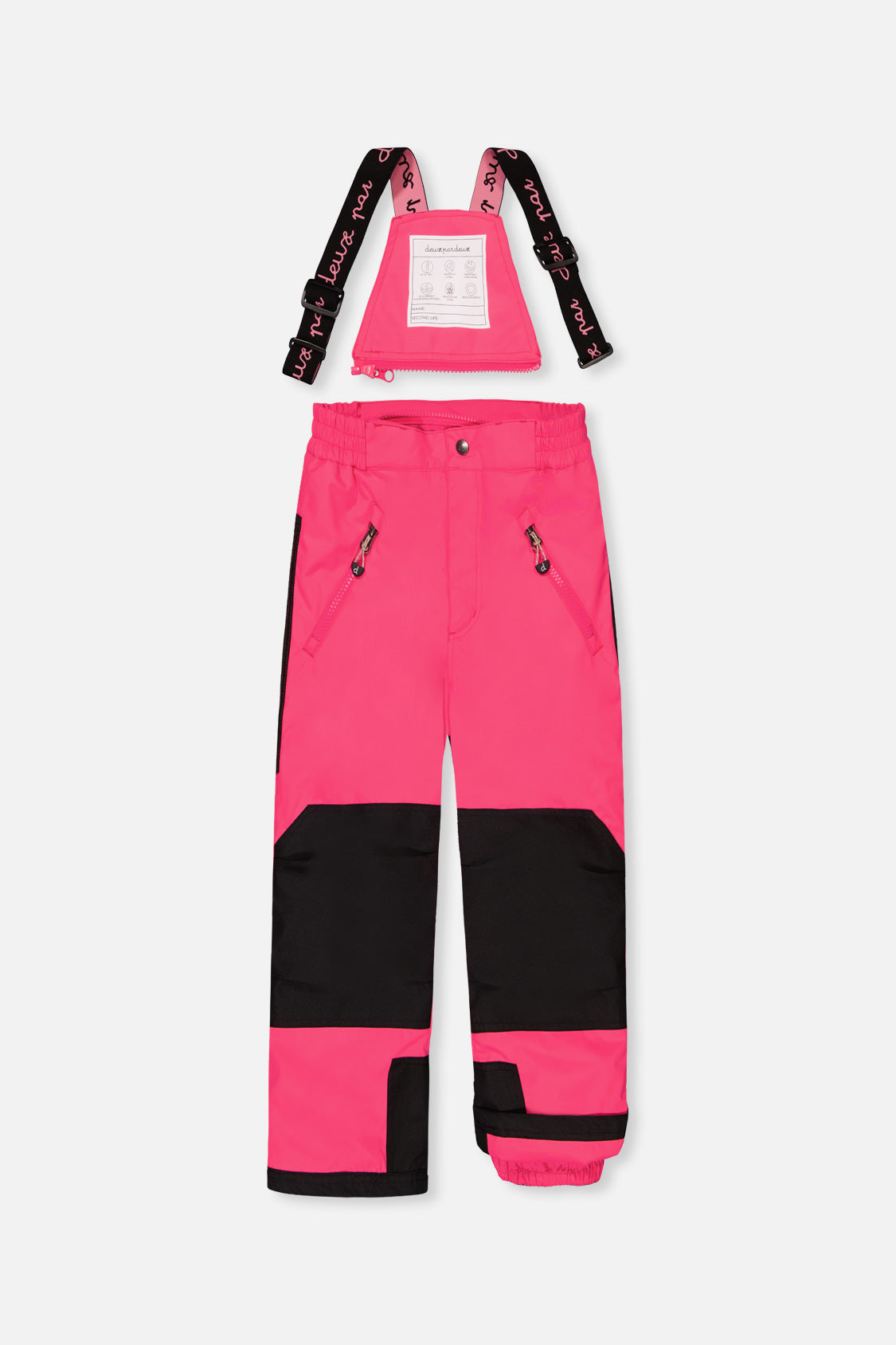 Deux par Deux pink PLAY bib snow pants with suspenders and black reinforced knees, front view