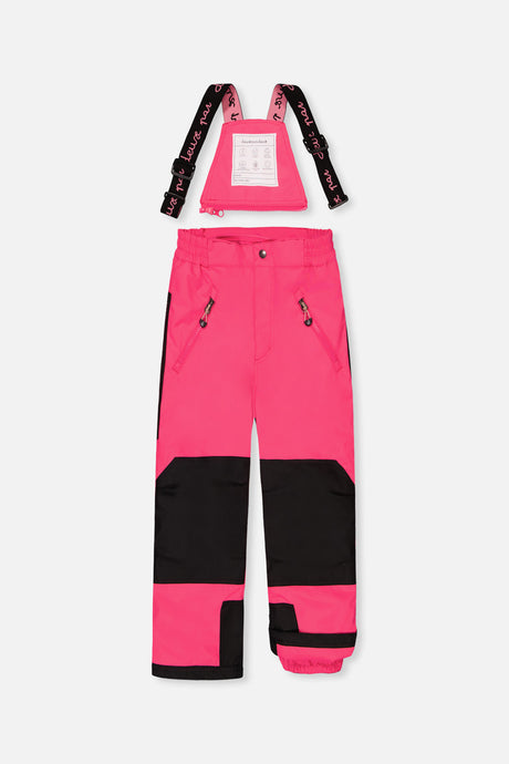 Deux par Deux pink PLAY bib snow pants with suspenders and black reinforced knees, front view