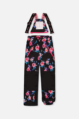 Deux par Deux girls' PLAY two-piece snowsuit in black rose print, another studio view