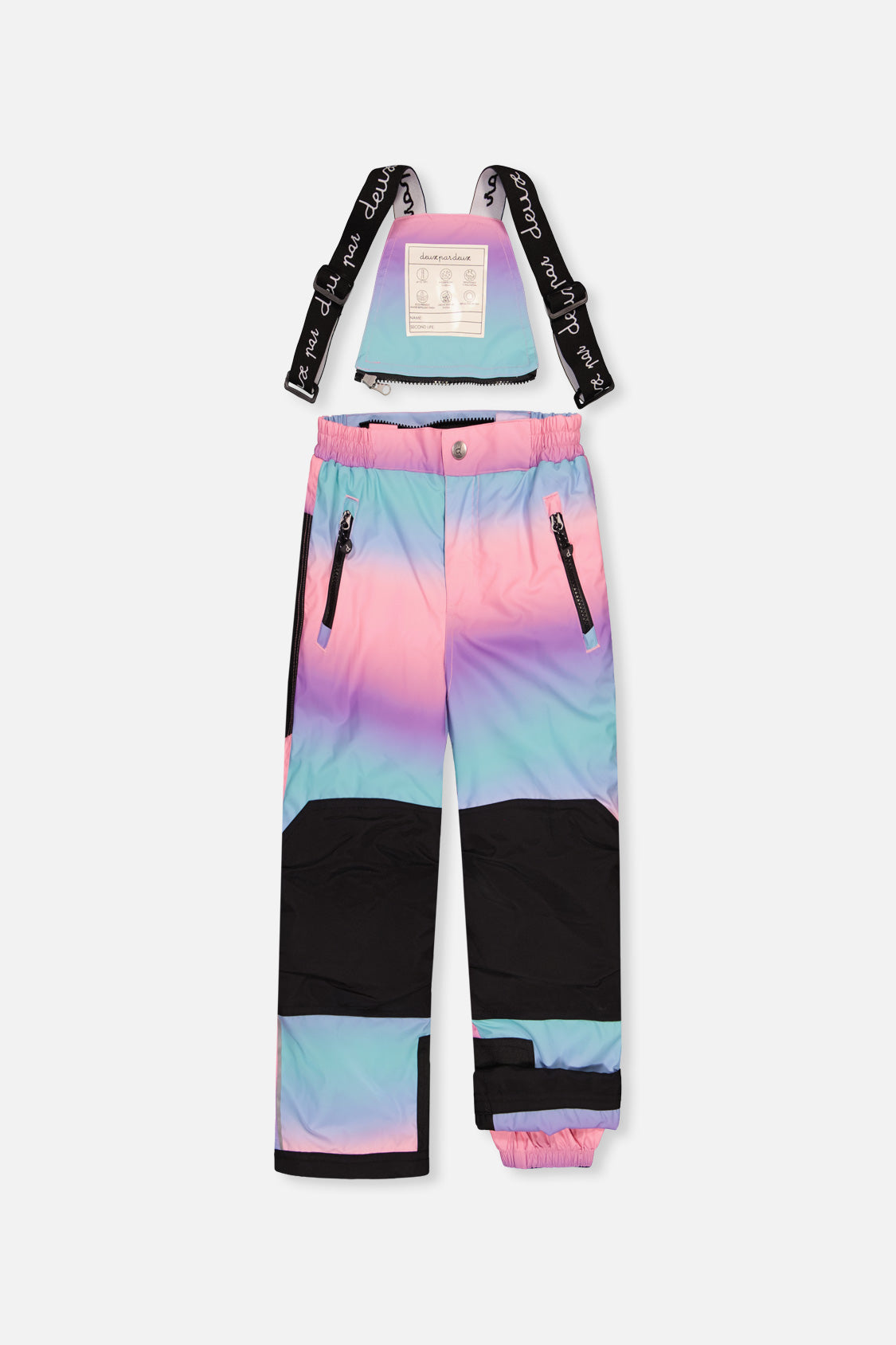 Pink-to-blue gradient snow bib pants with black reinforcements, front view