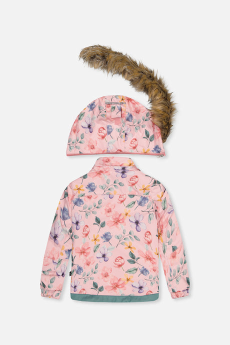 Deux par Deux girls' PLAY snowsuit, pink vintage floral jacket and green pants, alternate view