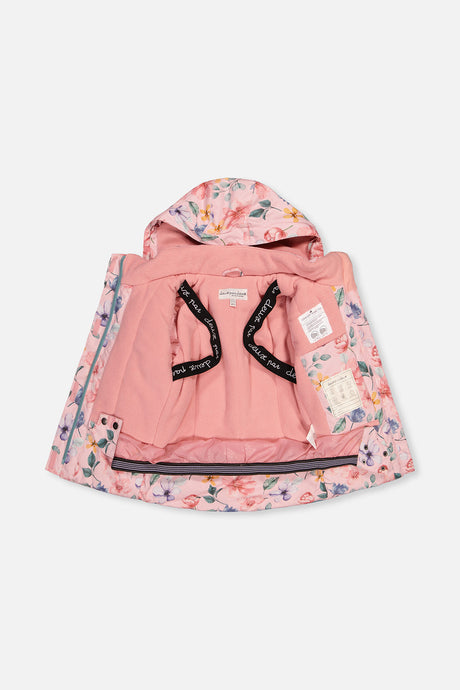 Deux par Deux girls' PLAY snowsuit, pink vintage floral jacket and green pants, additional angle