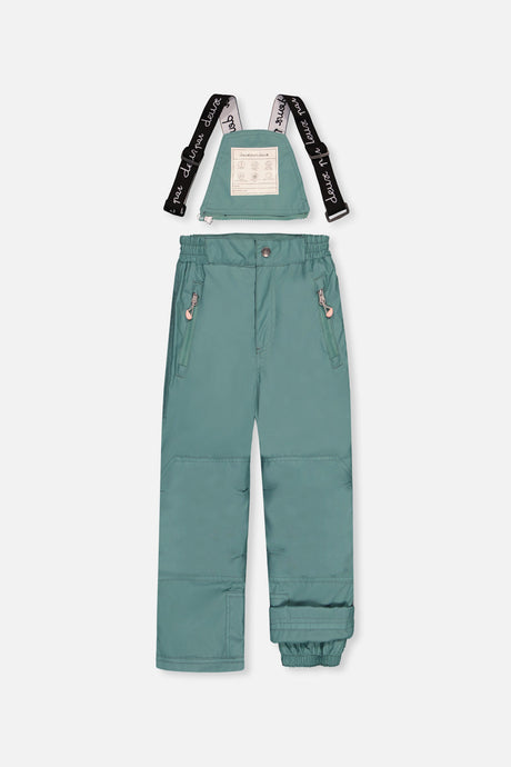 Deux par Deux girls' PLAY snowsuit, pink vintage floral jacket and green pants, another studio view