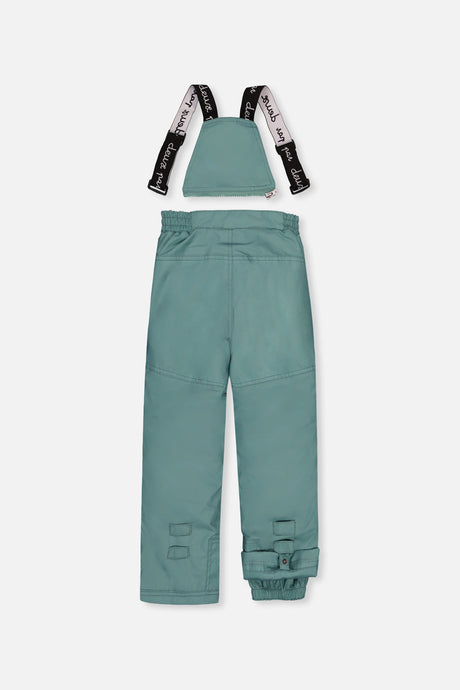 Deux par Deux girls' PLAY snowsuit, pink vintage floral jacket and green pants, alternate angle