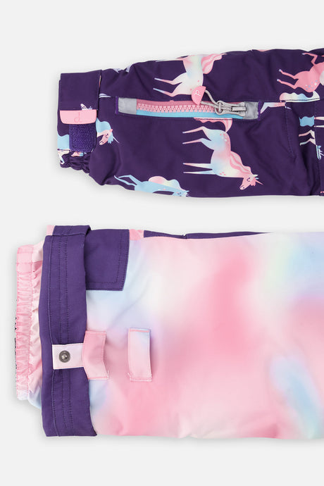 Deux par Deux purple unicorn PLAY snowsuit with multicolored pants, alternate view 10