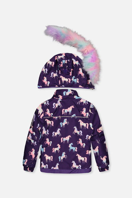 Deux par Deux purple unicorn PLAY snowsuit with multicolored pants, alternate view 3