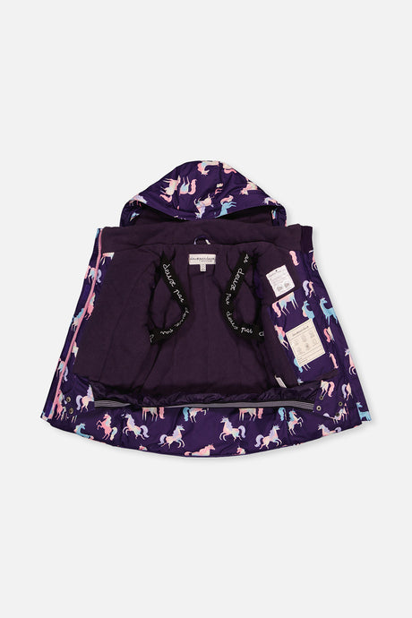 Deux par Deux purple unicorn PLAY snowsuit with multicolored pants, alternate view 4