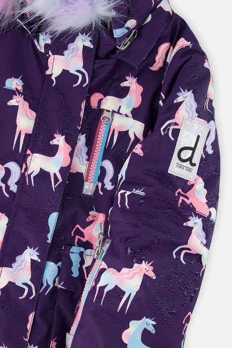 Deux par Deux purple unicorn PLAY snowsuit with multicolored pants, alternate view 8