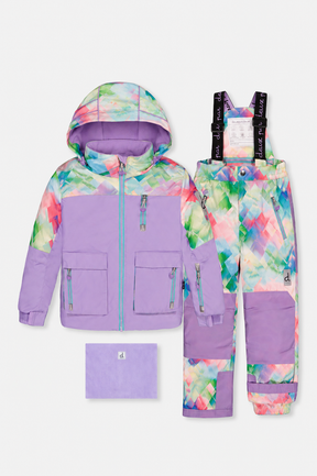 Deux par Deux girls' PLAY snowsuit with multicolored diamond-print snow pants, front view