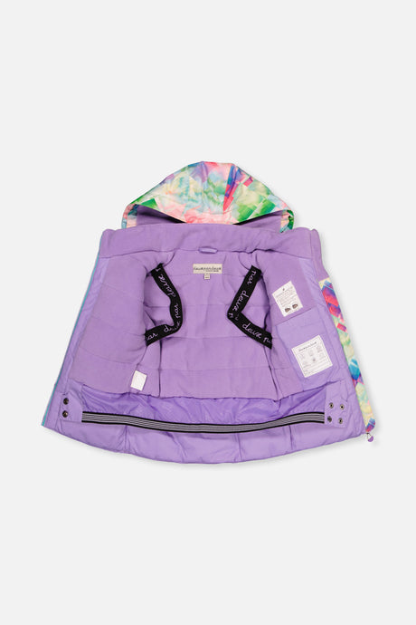 Lavender PLAY jacket opened to show the lavender lining and inner backpack straps