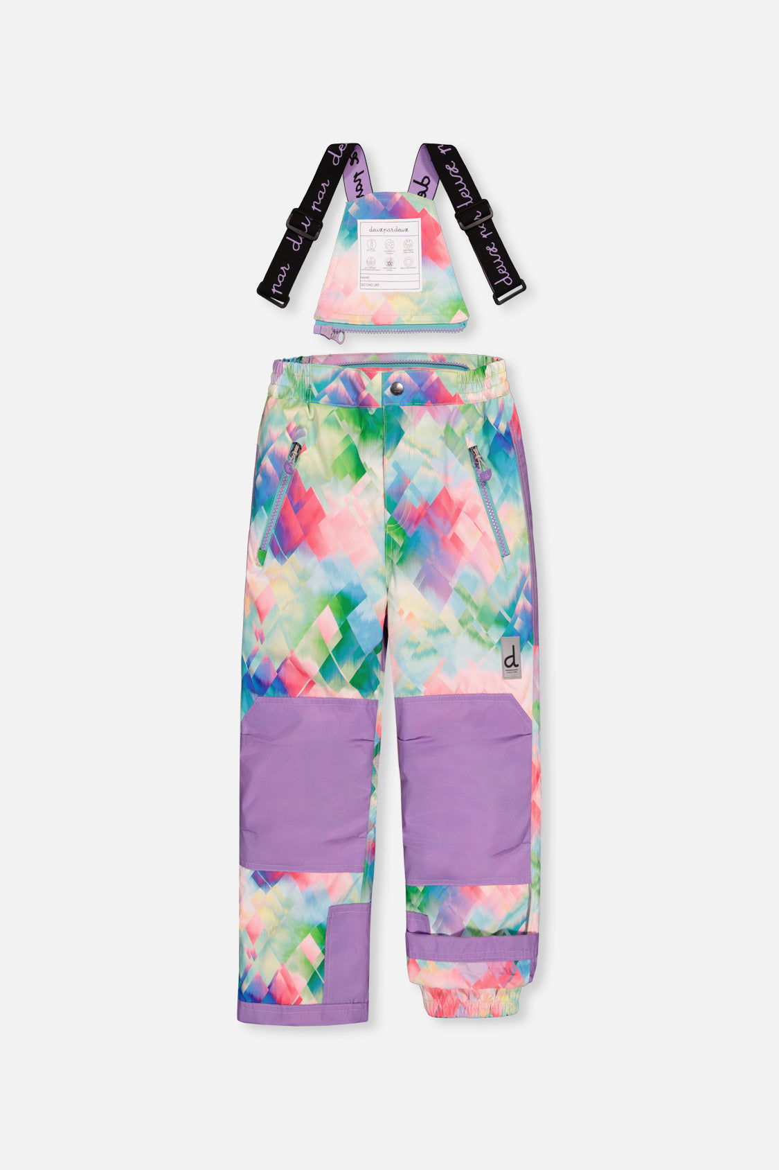 Deux par Deux girls' PLAY snowsuit with multicolored diamond-print snow pants, another studio view