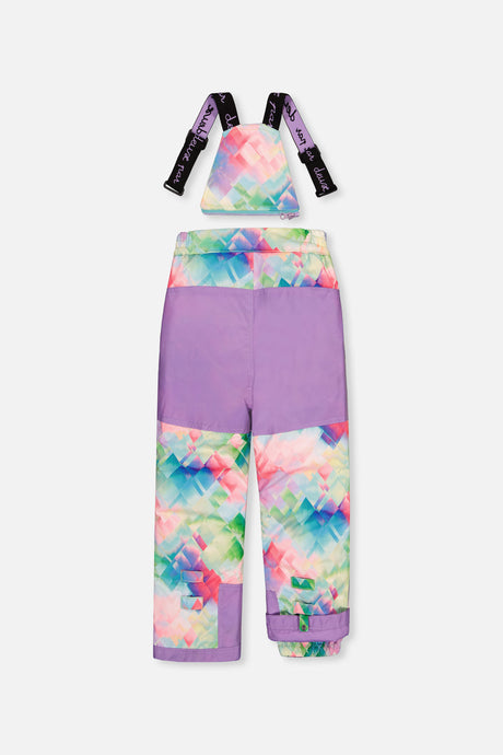 Diamond-print PLAY bib snow pants with lavender seat panel, back view